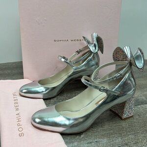 Sophia Webster Lilia Mid Mary Jane Silver Heels – Crystal Bow Block Heel – 39